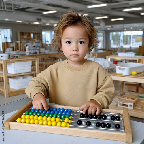 Young child playing with colorful abacus photo