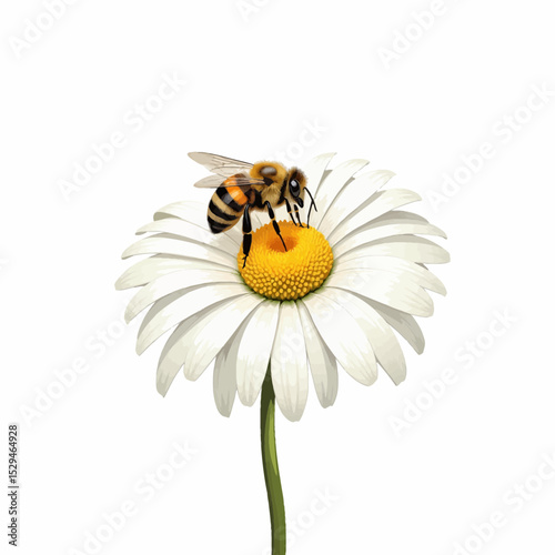 Honeybee pollinating white daisy flower in natural setting  