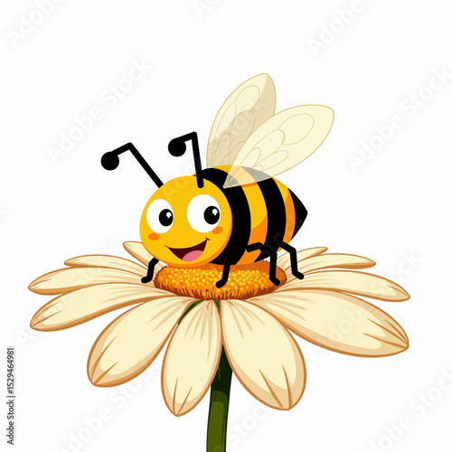 Cartoon bee sitting on daisy flower with a cheerful expression  