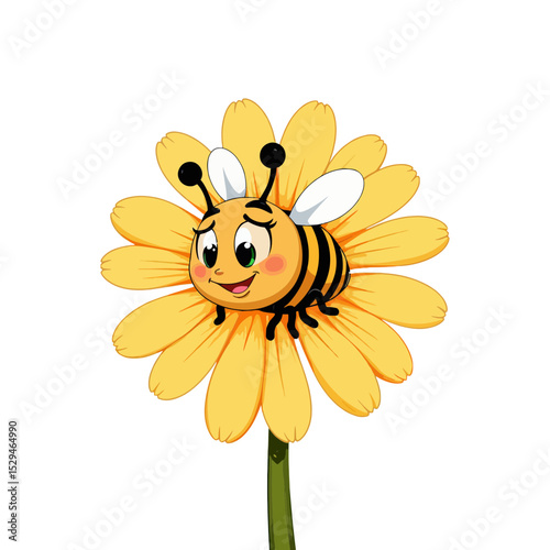 Cartoon bee smiling on a vibrant sunflower against white background  