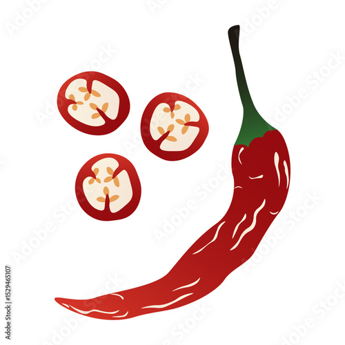 Red chili pepper. Spicy fresh cayenne pods, whole and chopped hot seasoning, mexican organic capsicum vegetables healthy food concept. Vector cartoon illustration