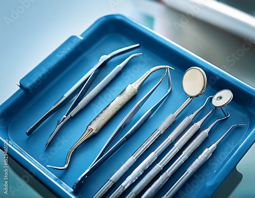 dentist tools neatly arranged on blue tray