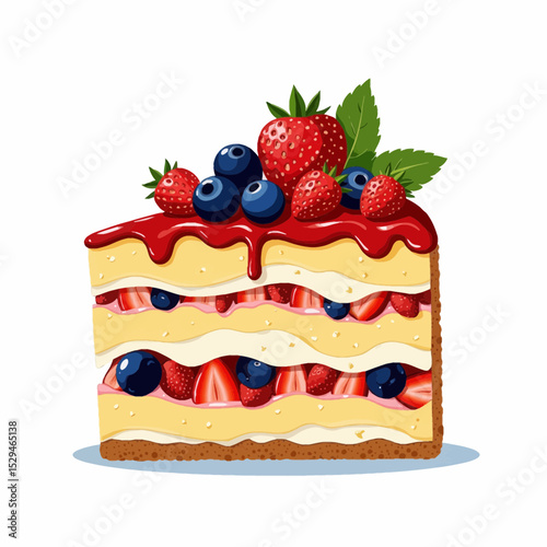Slice of cream cake topped with strawberries and blueberries  