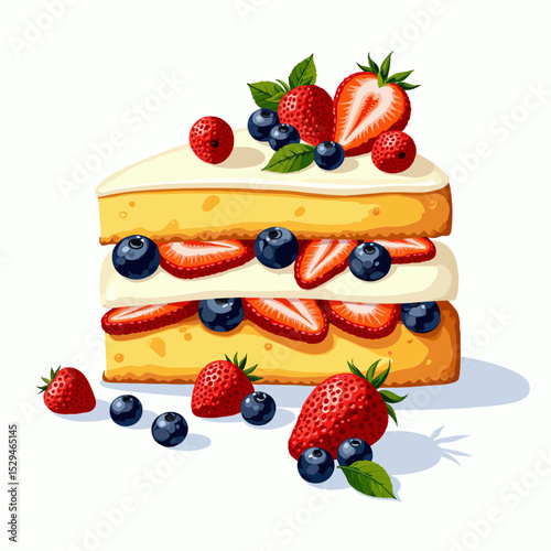 Delicious layered cake decorated with strawberries and blueberries  