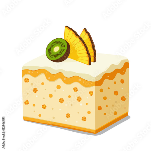 Layered fruit cake with cream and kiwi on top  