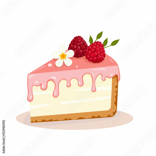 Slice of raspberry cheesecake with pink frosting and flower decoration  