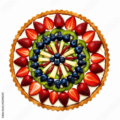 Fresh fruit tart arranged in a colorful circular pattern  