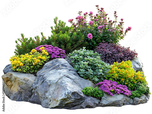 Colorful rock garden flower arrangement isolated on transparent background