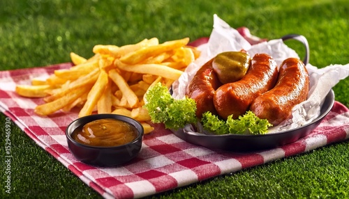 currywurst and fries on checkered cloth grass picnic