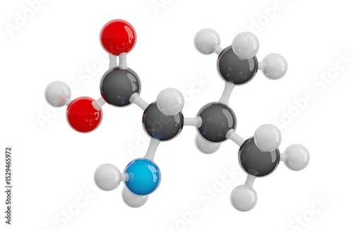 Valine (Val) molecule isolated on transparent background. Essential amino acid. Molecular formula: C5H11NO2. Chemical model: Ball and stick. 3D illustration.