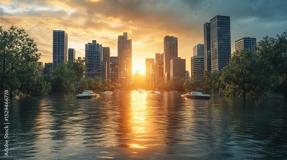 Fototapeta premium Flooded city skyline reflecting sunset. Boats float among buildings, trees submerged