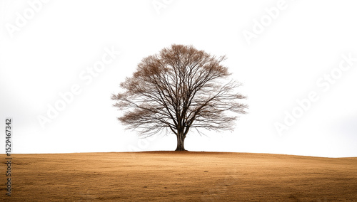 Single deciduous tree on a brown field at night