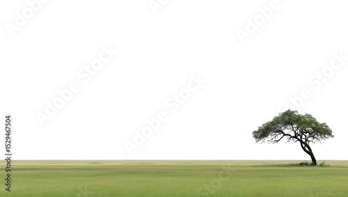 Single tree in a vast green field landscape