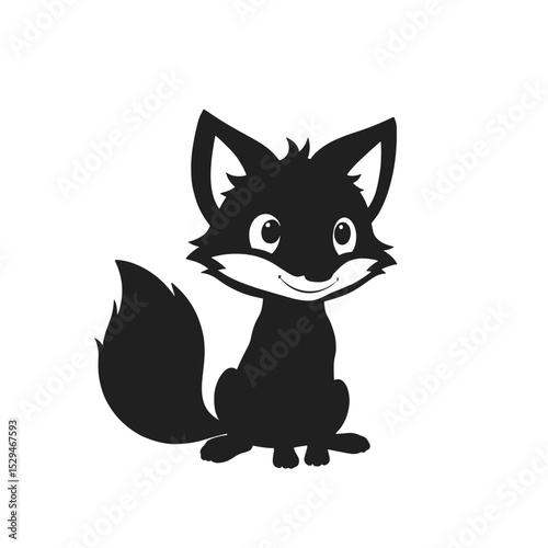 Cartoon Fox Black Silhouette Vector with Big Eyes and Bushy Tail on White Background