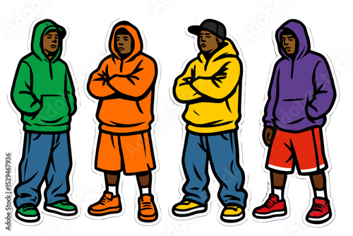 Four young men dressed in colorful hoodies standing confidently