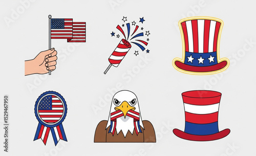 Patriotic USA Vector Icon Set: American Flags, Firecracker, Uncle Sam Hat and Bald Eagle Graphic Elements for Fourth of July Celebrations