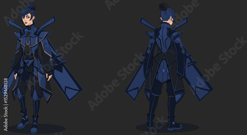 Futuristic character in blue armor standing in a dynamic pose