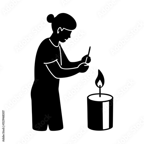 Person lighting candle with match vector silhouette