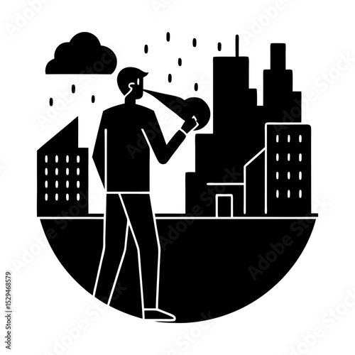 Person blowing horn in cityscape scene art silhouette