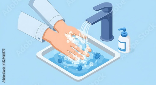 Isometric Illustration of Handwashing with Soap and Water