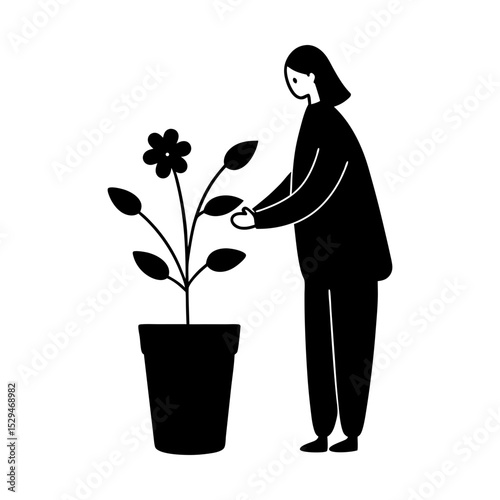 Woman tending to potted plant illustration silhouette