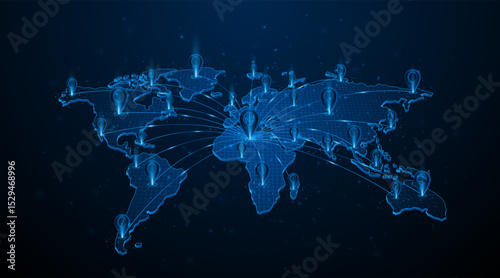 Global connection network background. Pin pointer on map. World map. Internet technology or global communication concept.	