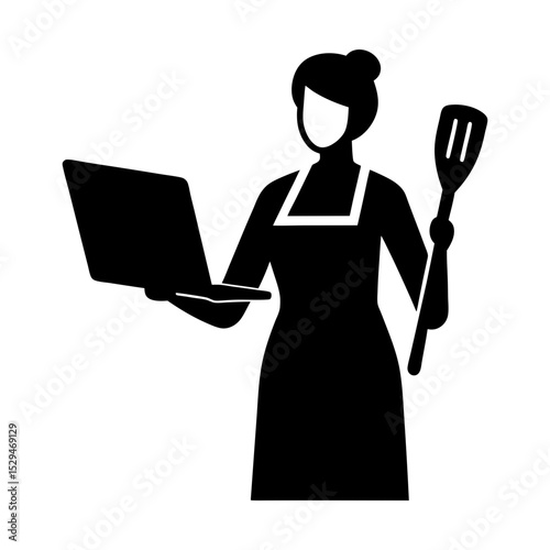 Woman cooking recipe online with laptop silhouette