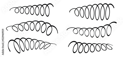 Drawning cartoon spiral springs set. Metal coil, flexible coils, wire spring concept. Curly wavy or twisted. wavy or wave line pattern. For boxing gloves or surprise idea.