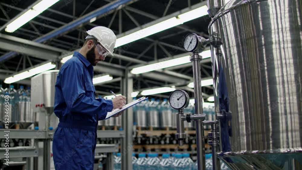 Industrial inspector examining gauge: A focused industrial inspector, donning protective gear, meticulously examines a pressure gauge in a modern factory setting. Industrial inspector examining gauge: A focused industrial inspector, donning protective gear, meticulously examines a pressure gauge in a modern factory setting.