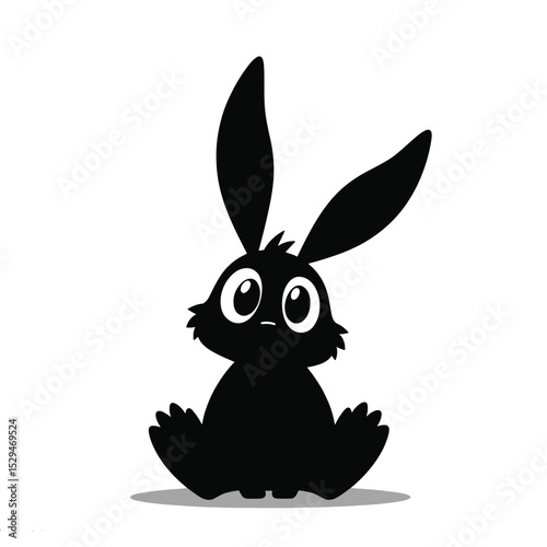 Cartoon Rabbit Black Silhouette Vector with Big Eyes and Long Ears on White Background