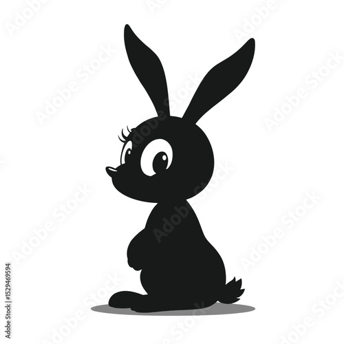 Cartoon Rabbit Black Silhouette Vector with Big Eyes and Long Ears on White Background
