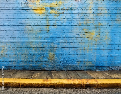 a weathered brick wall with blue paint yellow stains and a curb lining a city street