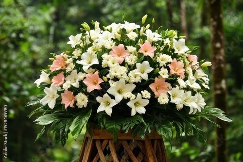 A large, elegant floral arrangement of white and pale pink lilies and carnations sits on a wooden stand against a lush green forest background.