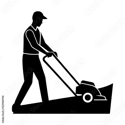 Man operating a lawn mower vector graphic silhouette