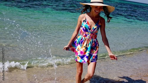 Seaside Dream: A woman frolics joyfully along a pristine beach, bathed in sunlight with turquoise water and a sense of carefree freedom.