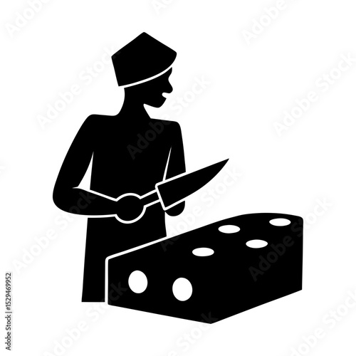 Chef preparing swiss cheese with a knife silhouette
