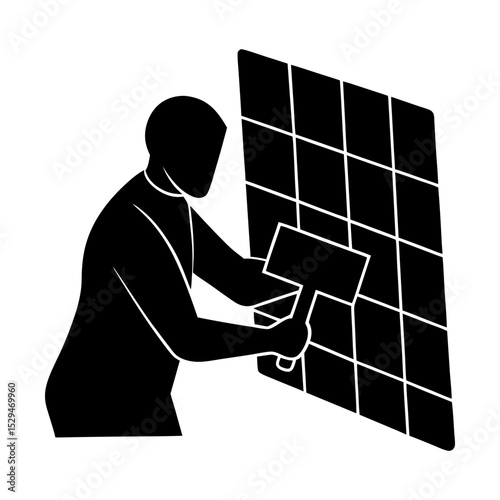 Tile installation worker with equipment silhouette
