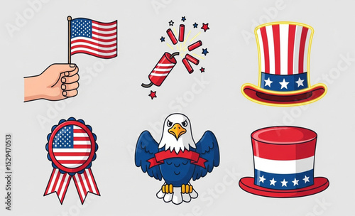 American Patriotic Symbols Set: Flag, Eagle, Hats, Rosette & Firecracker | Cartoon Illustrations for Independence Day, Holiday Celebrations, & Graphic Design Elements