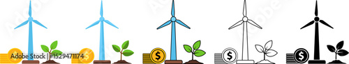 Wind turbine and coin with plant icons in different styles showing eco energy