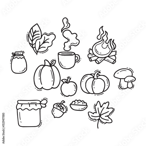 Hand drawn doodle set of autumn symbols. Vector illustration.