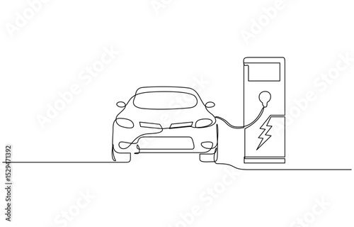 Electric car and charging stations in continuous one line drawing, Continuous one line drawing Electric car at charging station. Electric car concept. Single line draw design editable vector.