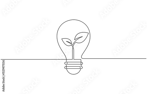 Continuous One Line Drawing Plant Lightbulb, Plant inside Lightbulb in one line drawing. Creative concept of Eco energy and environmental friendly sources. Editable stroke. Vector illustration.