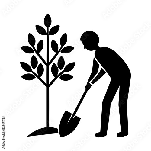 Person planting tree with shovel vector silhouette