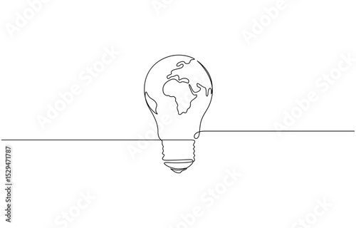 Continuous line drawing of light bulb with Earth globe inside, Earth globe inside lightbulb in one continuous line drawing. Vector Concept of Eco innovation, simple doodle style. Editable stroke.