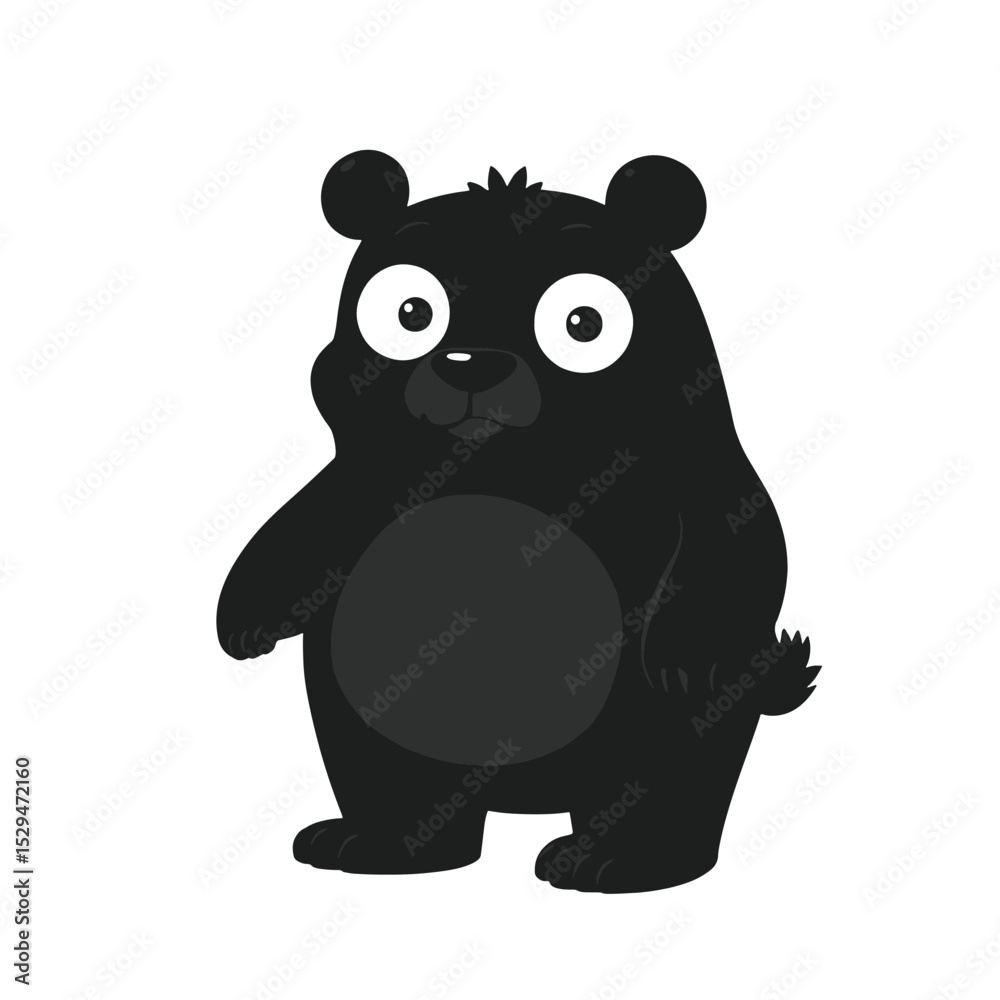 Naklejka premium Minimalist Cartoon Bear Black Silhouette Vector with Big Eyes and Round Body on White Background