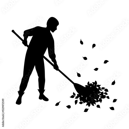 Man sweeping autumn leaves silhouette art