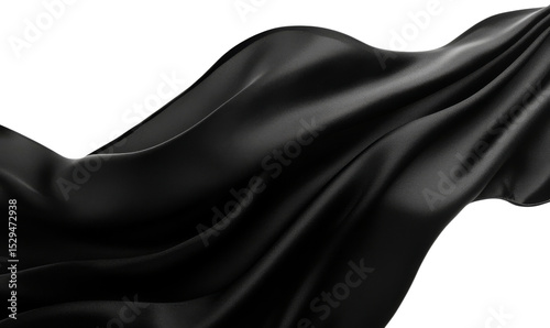 Black satin fabric cloth flowing with smooth drapery on a transparent backdrop.
