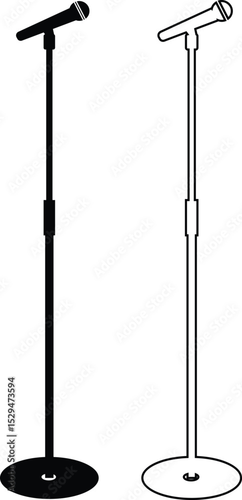 Microphones on counters and microphones and stands separately for design icon set. Vector silhouette clip arts. Retro and modern music sign, mic tool. Close-up microphone stand in small collection. Microphones on counters and microphones and stands separately for design icon set. Vector silhouette clip arts. Retro and modern music sign, mic tool. Close-up microphone stand in small collection.