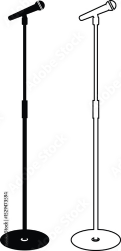Microphones on counters and microphones and stands separately for design icon set. Vector silhouette clip arts. Retro and modern music sign, mic tool. Close-up microphone stand in small collection.