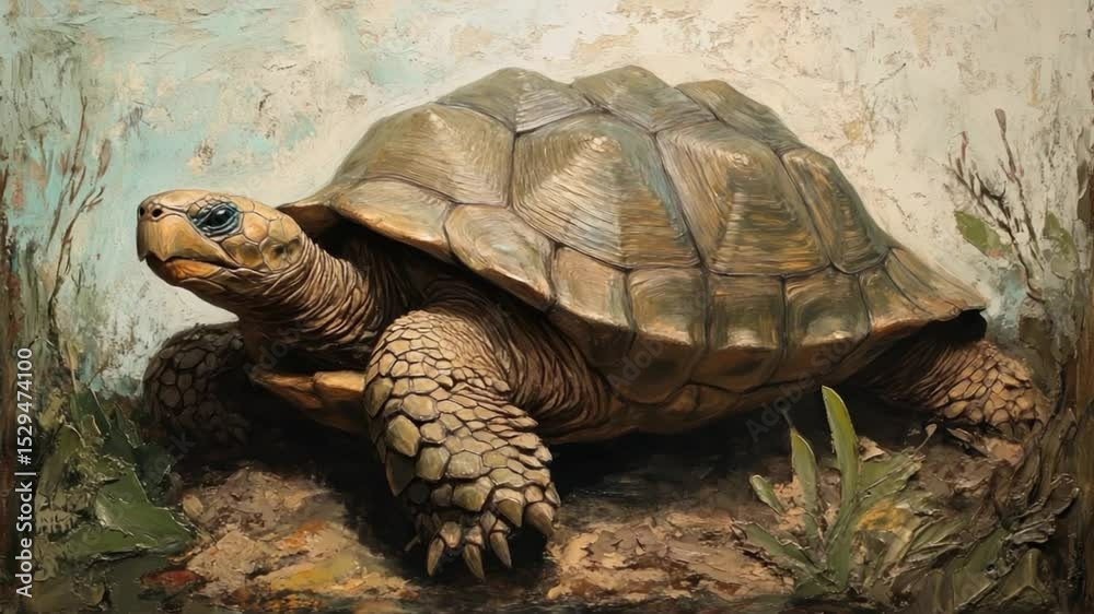 Old wild reptile turtle walking on brown grass